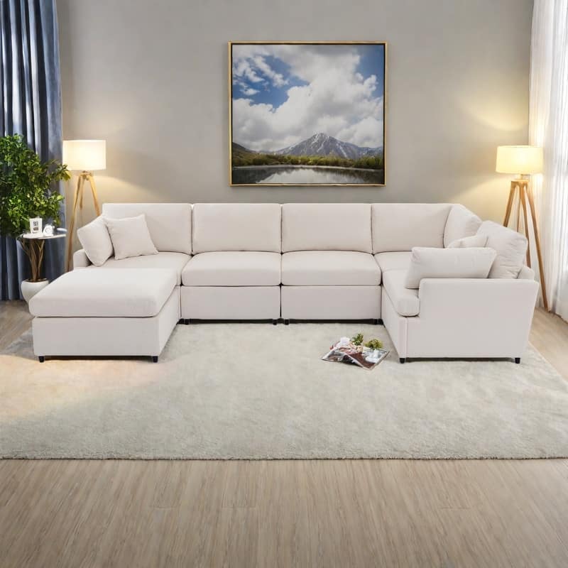 100.4" Polyester U-Shape Sectional Sofa with Removable Ottoman and Modular Design - Beige