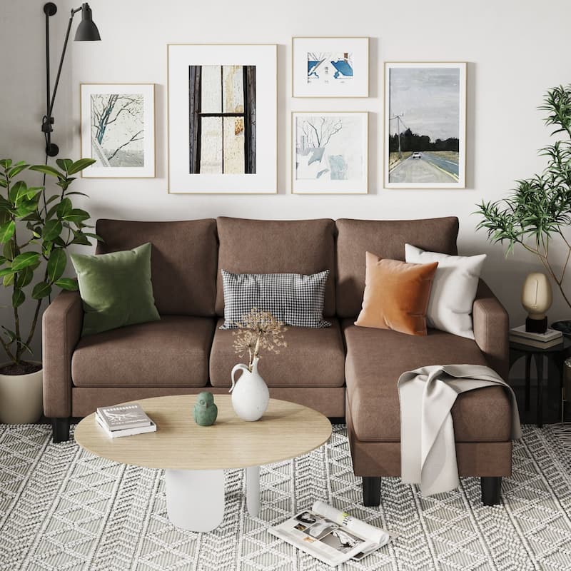 Furniwell Convertible Sectional Sofa Modern Linen Fabric L-Shaped Couch - Brown