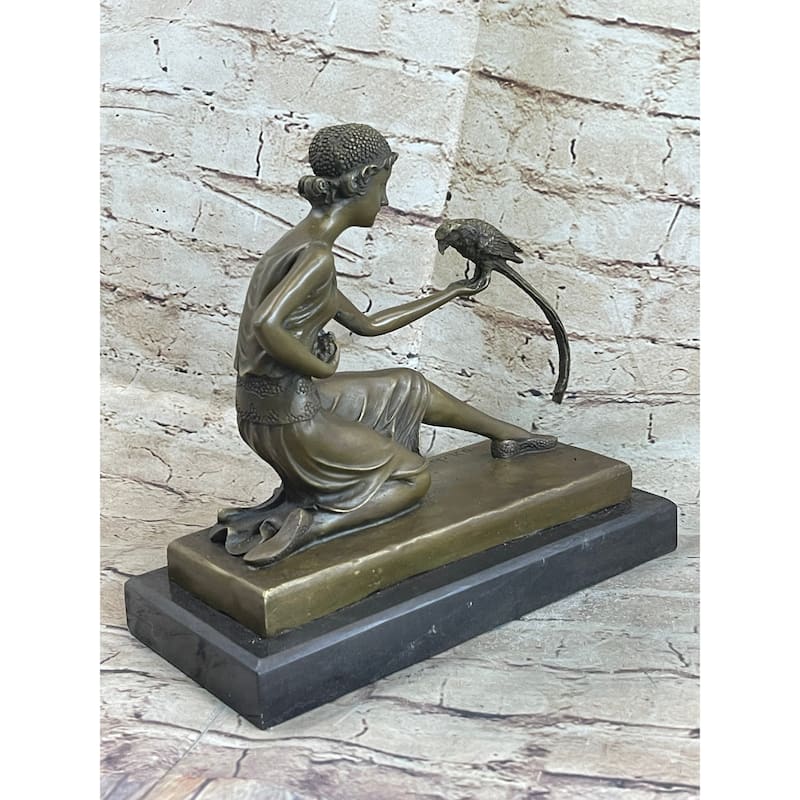 Signed Chiparus Girl With Parrot Bronze Statue Marble Base Sculpture Decor Gift