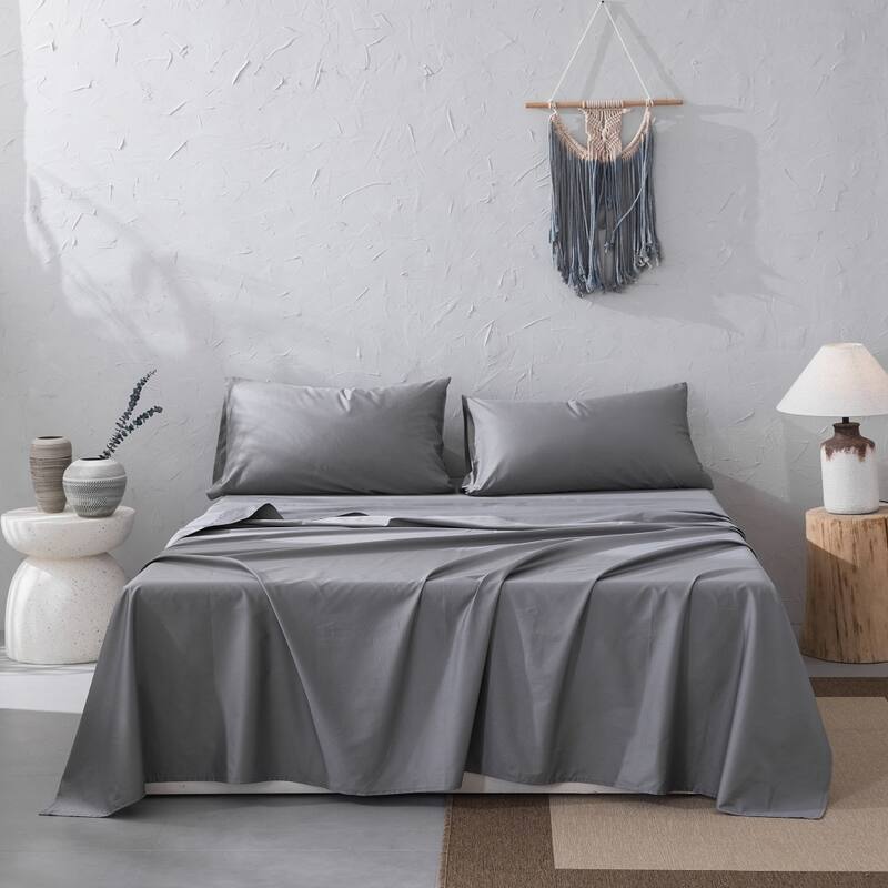 WHOLINENS Cotton Sateen Hotel Collection 400 TC Sheet Set, 17" Pocket - Grey - Queen