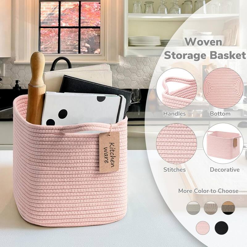 Woven Rope Storage Basket Set of 3, Closet Baskets for Toys, Books, Rectangle Decorative Baskets - 10"D x 13"W x 9"H