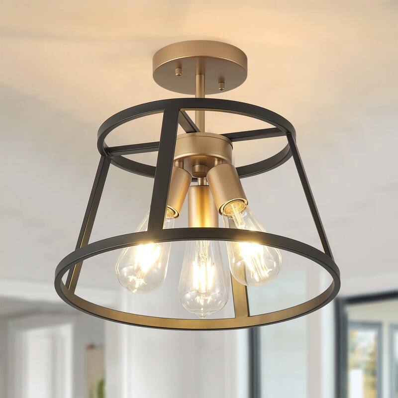 Matte Black 3-Light Openwork Metal Drum Shade Semi-Flush Mount Ceiling Light Fixture