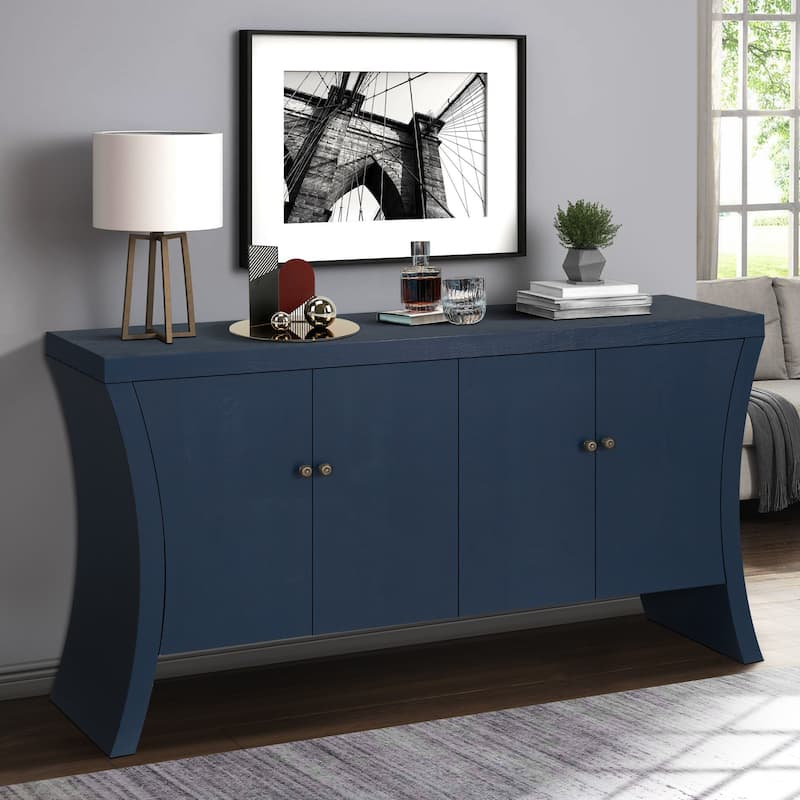 GDFStudio - Industrial 4-Door Credenza with Wooden Arc Legs & Bronze Clasps, Solid Wood Storage Cabinet - Blue