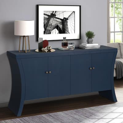 GDFStudio - Industrial 4-Door Credenza with Wooden Arc Legs & Bronze Clasps, Solid Wood Storage Cabinet