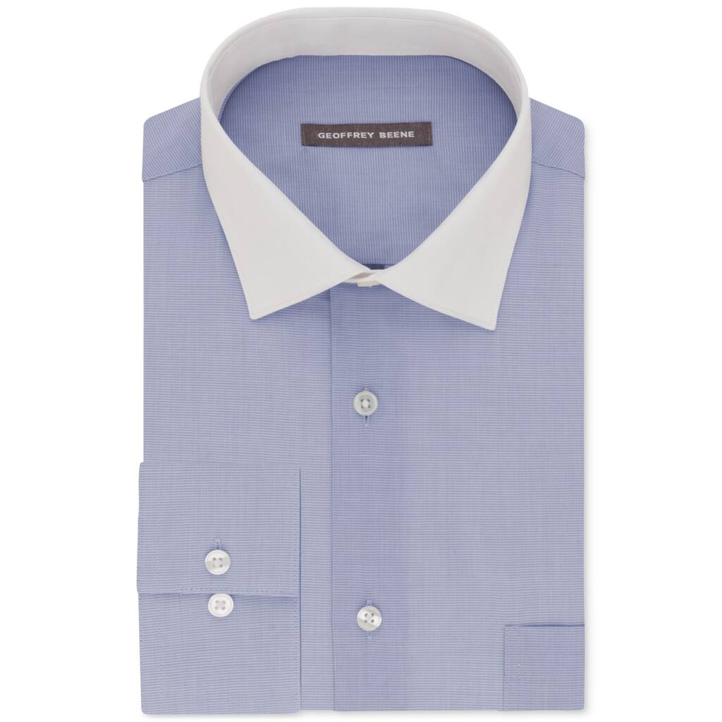 Geoffrey Beene Mens Wrinkle Free Button Up Dress Shirt, Blue, 17.5" Neck 32"-33" Sleeve