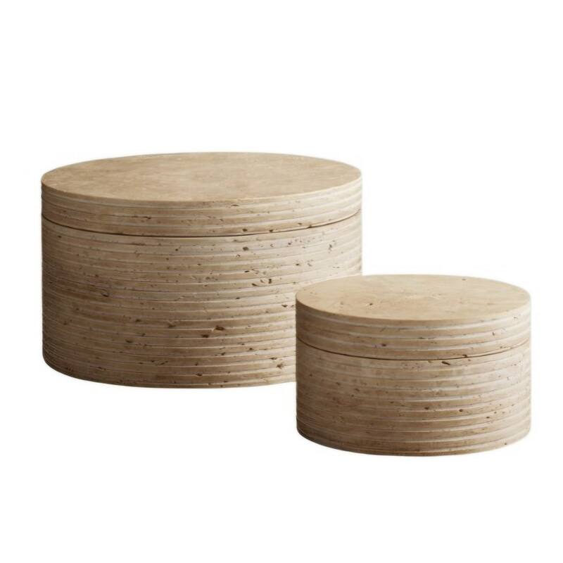 Large Travertine Round Storage Box - 6" - Beige