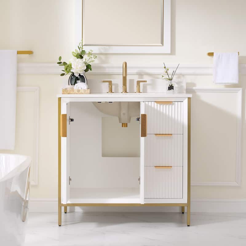 35''H Solid Wood Bathroom Vanity With Carrera White Quartz Top and Sink,White