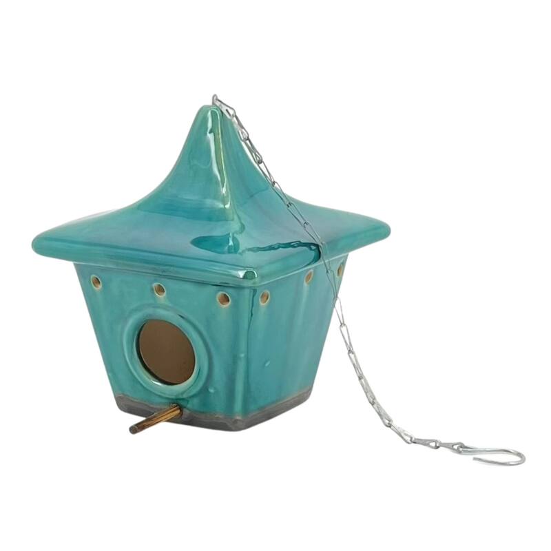 Ceramic 9-Inch Square Pagoda Birdhouse - Green