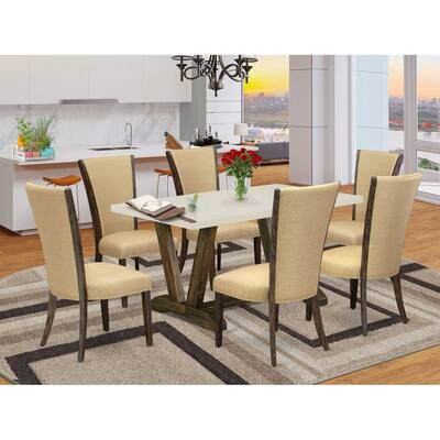 HomeStock 7-Piece Distressed Jacobean Finish Solid Wood Top Dining Table with 6 Parson-Chairs