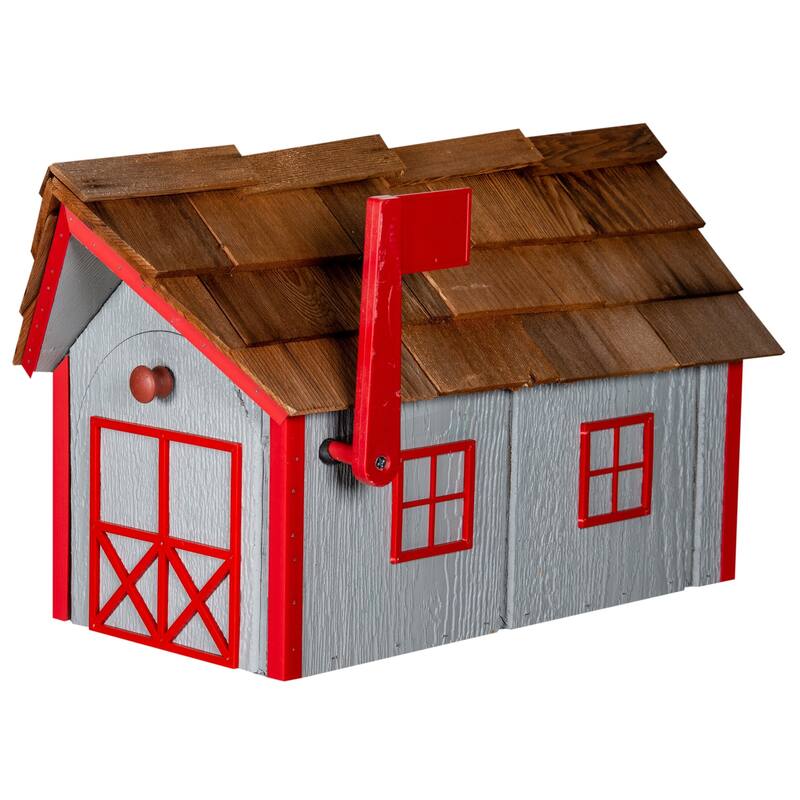 Standard Wood Mailbox with Cedar Shake Roof - Light Gray and Cardinal Red