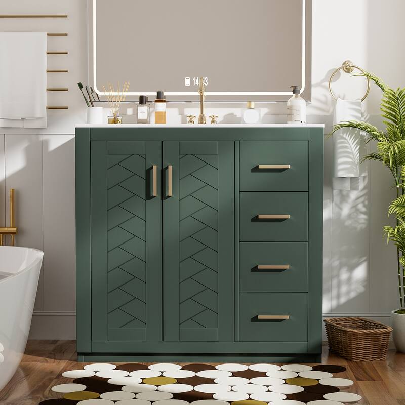 Freestanding Geometric Pattern Bathroom Vanity Solid Wood Frame Storage Cabinet with Sink, 3 Drawers and Soft Closing Doors