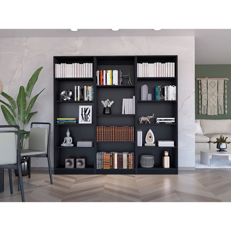 FM FURNITURE Arrey 3 Piece Living Room Set with Sutton Bookcase + 2 Sutton 4 Shelves Bookcase, Black