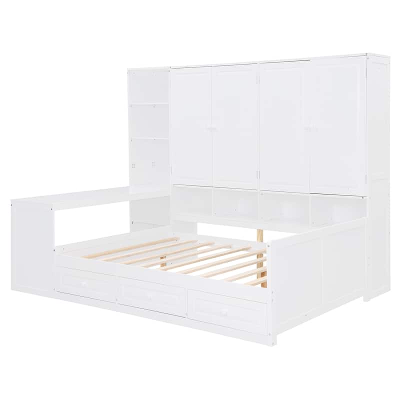Full or Twin Size Wooden Daybed - 3 Drawers + All-in-One Cabinet, Desk & Shelves, Multi-Functional Furniture Piece