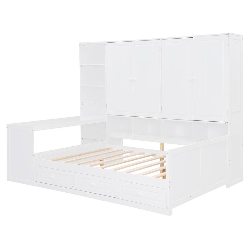 Wooden Daybed Frame All-in-One Bookcase Captains Bed with Storage Cabinet, Wardrobe, Side Writing Desk and 3 Bottom Drawers