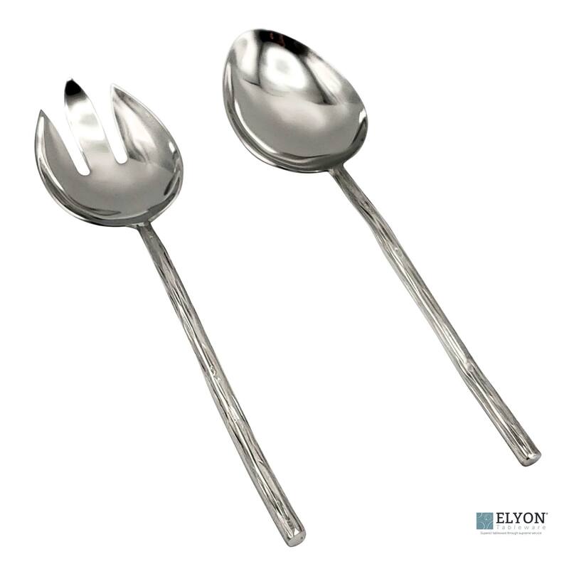 Elyon Twig Reflective Silver Salad Serving Set Indian Artisan-Made Hostess Set Hand-Forged Stainless Steel 2 Pieces