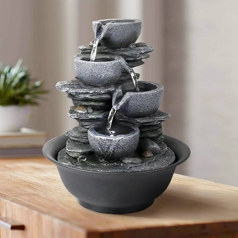 10.6-Inch H 4-Tier Bowls Cascading Tabletop Fountain with LED Light - grey