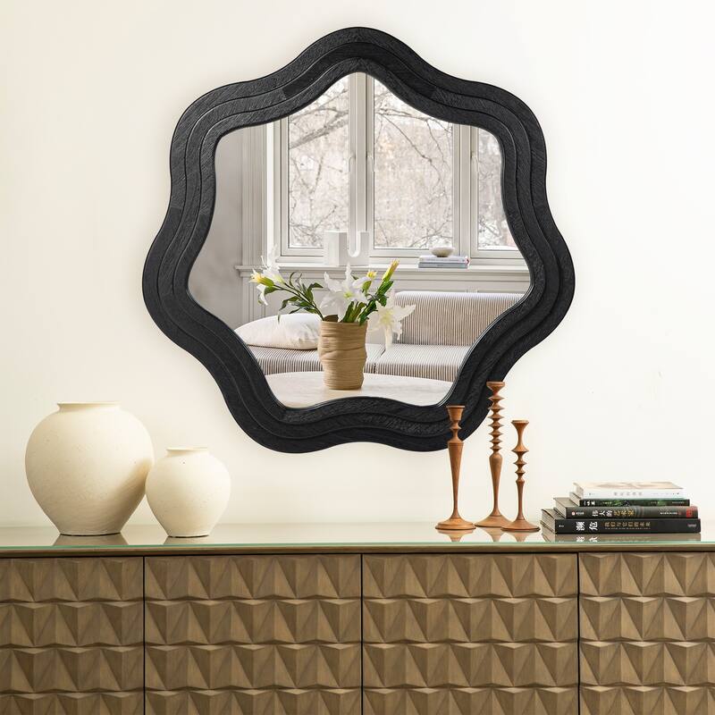 Glitzhome 33.5"D Modern Black Tripled Wood Frame Wavy Wall Mirror