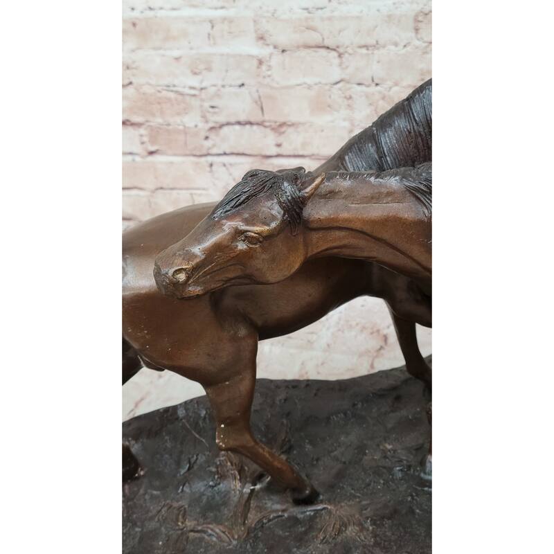 Bronze Horses Sculpture – Pair Of Grazing Stallions Statue On Marble Base