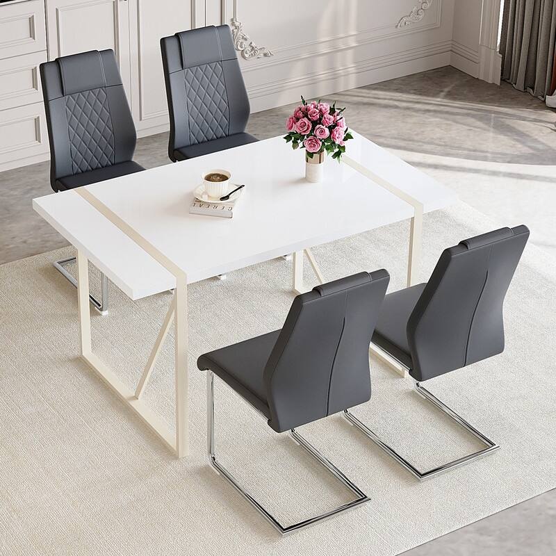 5-Piece Cream White MDF Dining Table Set, with 4 Chairs, Silver Metal Legs, Kitchen Dining Room Set - Dark Gray,Silver