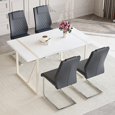 5-Piece Cream White MDF Dining Table Set, with 4 Chairs, Silver Metal Legs, Kitchen Dining Room Set