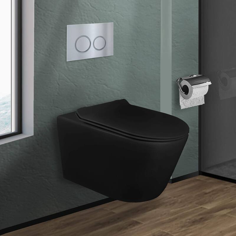 In-Wall toilet Combo Set - Toilet, Tank (2 x 4 Wall), Carrier System - Chrome Round - Push Plates (Plastic) - Black Bowl