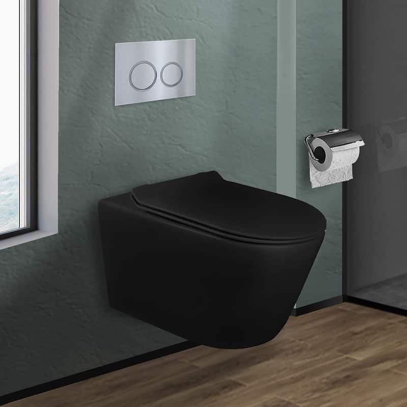 In-Wall toilet Combo Set - Toilet, Tank (2 x 6 Wall), Carrier System - Chrome Round - Push Plates (Plastic) - Black Bowl