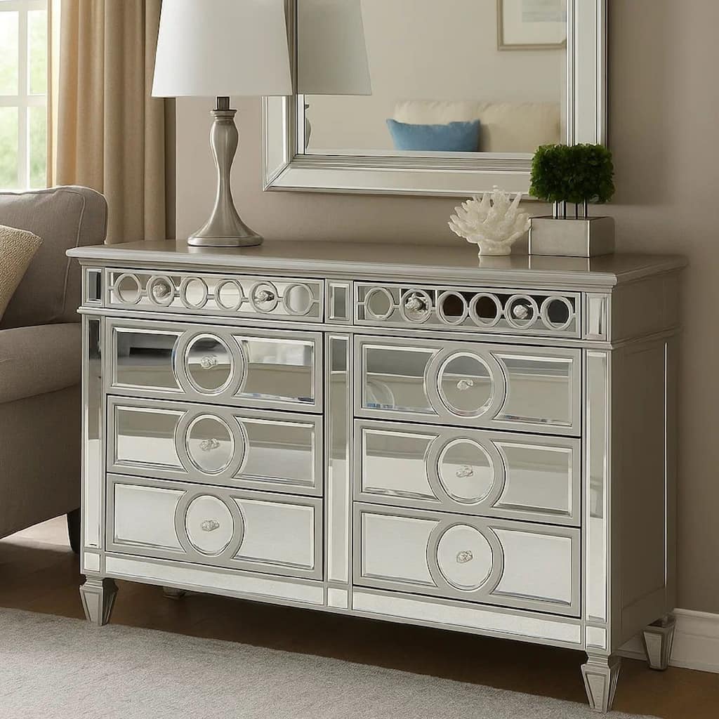 Jack 64 Inch Dresser, 6 Gliding Drawers, Mirror Panel Inserts, Silver