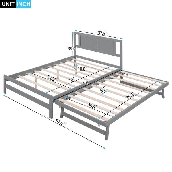 dimension image slide 1 of 2, Full Size Platform Bed with Adjustable Trundle, Headboard for Added Stability, Pine Wood and MDF Construction, Grey