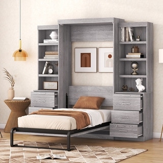 Twin Wood Murphy Bed with Storage Shelves & Drawer, Modern Wall Bed Can