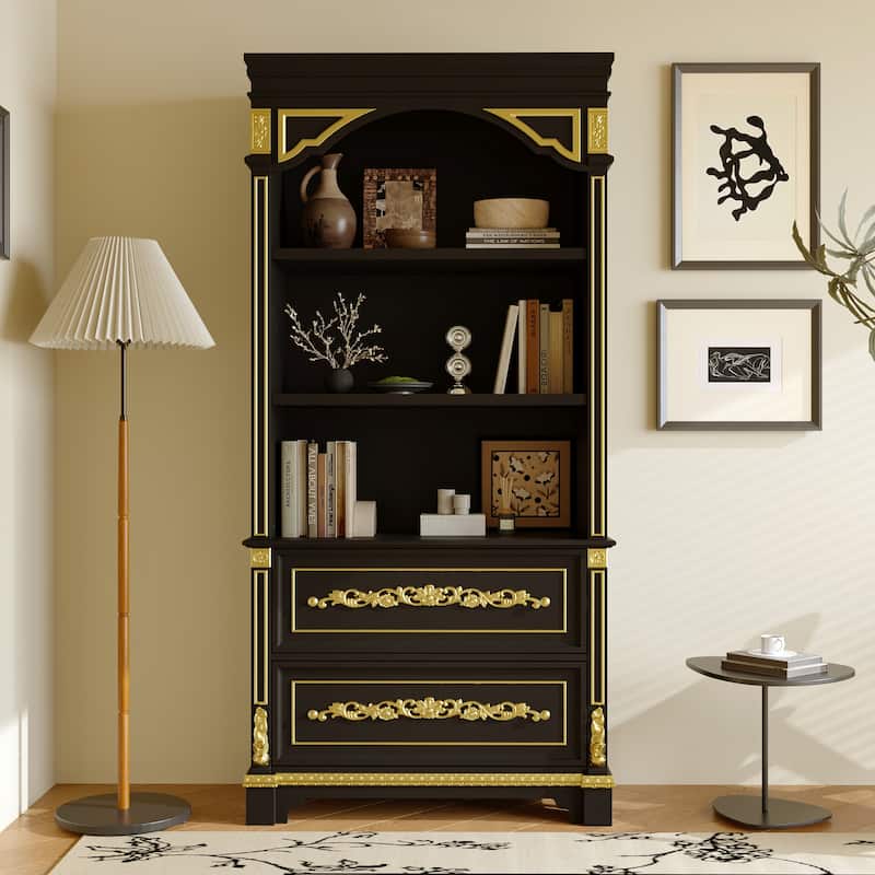 Black & Gold Display Cabinet with Shelves and Drawers, Elegant Glossy Bookcase for Living Room Storage