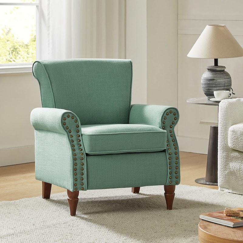 Nyctelius Upholstered Comfy Accent chair with Classic Turned Wooden Legs and Nailhead Trim by HULALA HOME