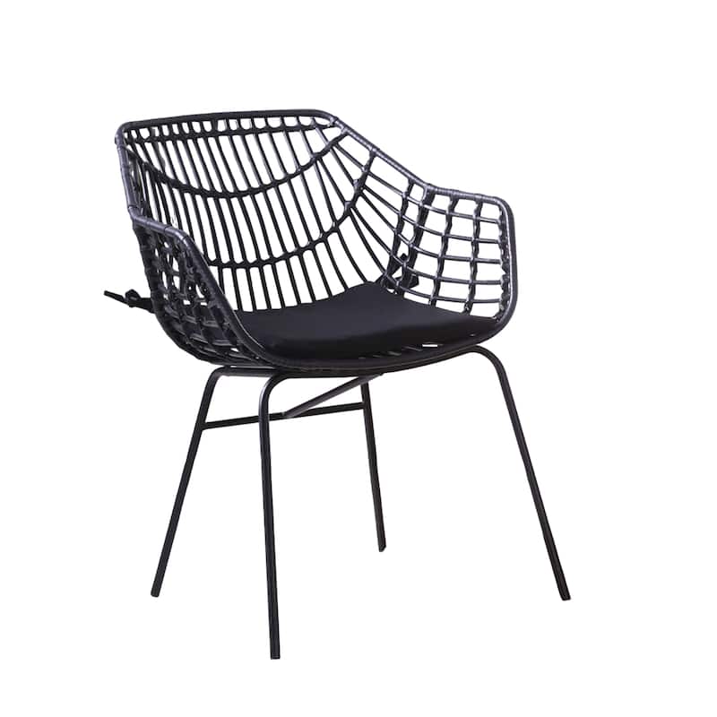 Zyan 3pc Outdoor Set, 2 Accent Chairs with Table, Black Steel, Brown Rattan