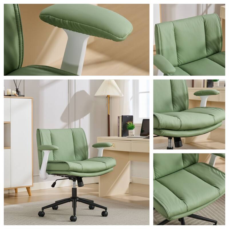 Cross Legged Office Chair on Wheels with Flip-Up Armrests Leather and Wide Seat