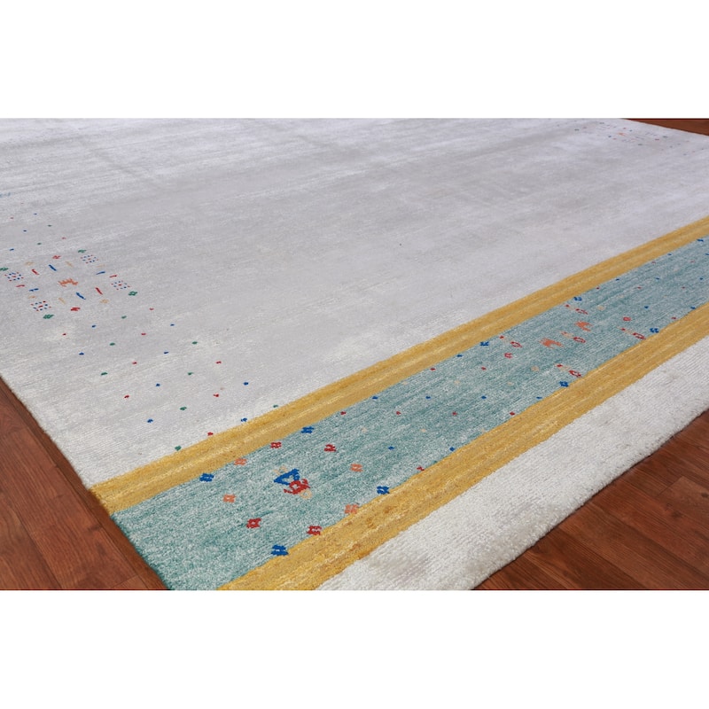 Hand Knotted Oriental 100% Wool Carpet Tribal Stripe Greys & Charcoal Gabbeh Area Rug - 12' 0'' X 9' 2''