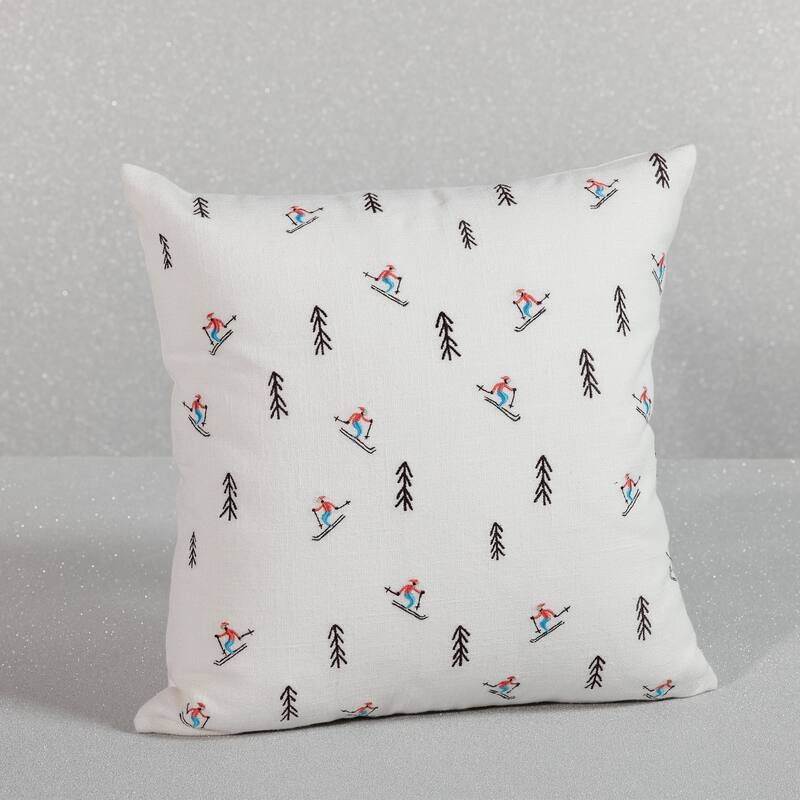 Ski Mountain Winter Scene Cotton Embroidered Throw Pillow, 16" x 16"