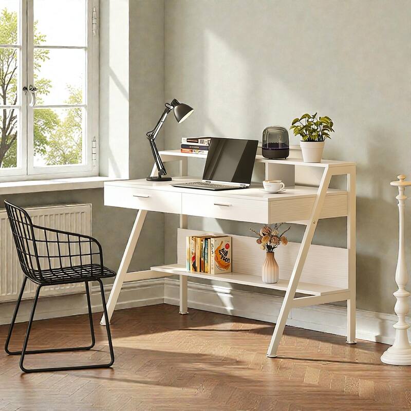 47 Inch Office Desk with Drawers and Storage Shelf, Writing Desk with Monitor Riser for Home Office Bedroom