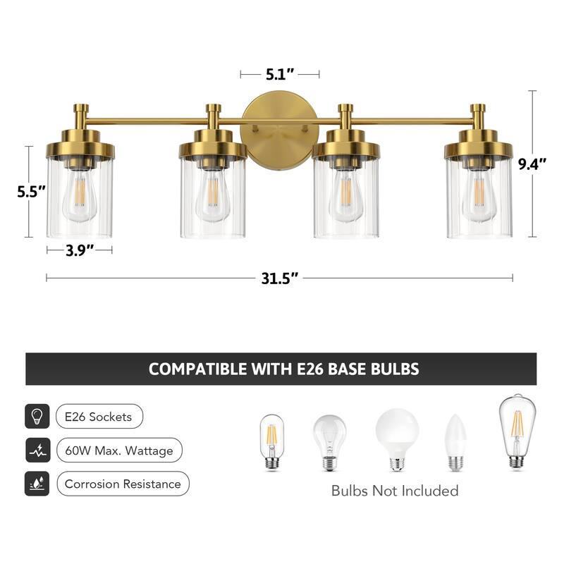 Modern Dimmable Vanity Light with Clear Ribbed Glass Shades E26 Sockets