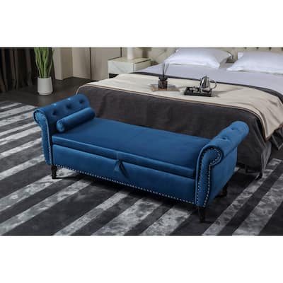 Elegant Blue Velvet Storage Bench: Versatile Ottoman with Nailhead Trim and Tufted Design
