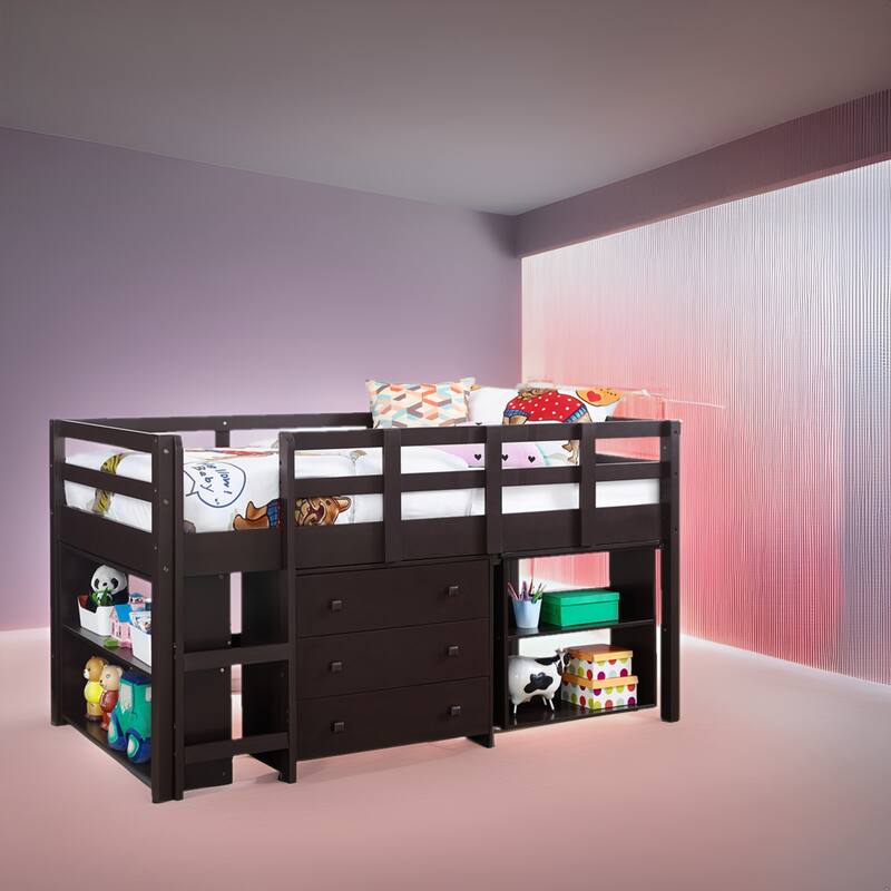 Twin Size Low Loft Bed with Desk and Storage - Kids Pine Wood Loft Bed with Cabinet and Study Space