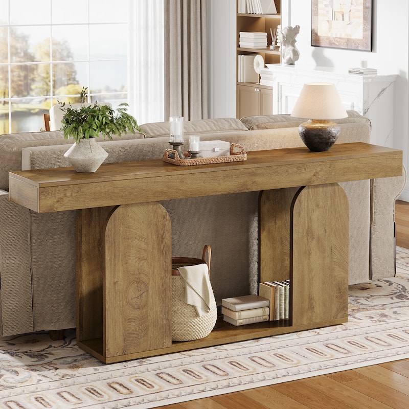 Industrial Wood Entryway Console Table with Dual Storage Shelves - Light Brown