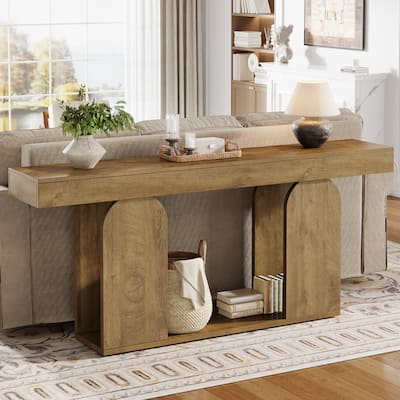 Industrial Wood Entryway Console Table with Dual Storage Shelves