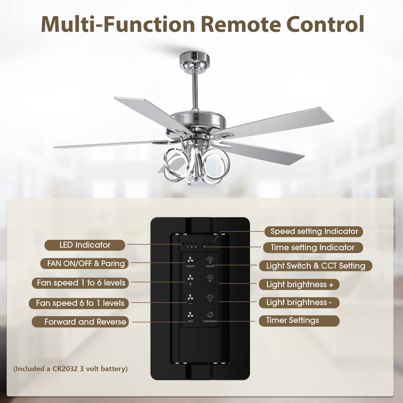 52" Modern Unique Dimmable LED Reversible Motor Ceiling Fan with Light and Remote - 52-inch W*19.3-inch H