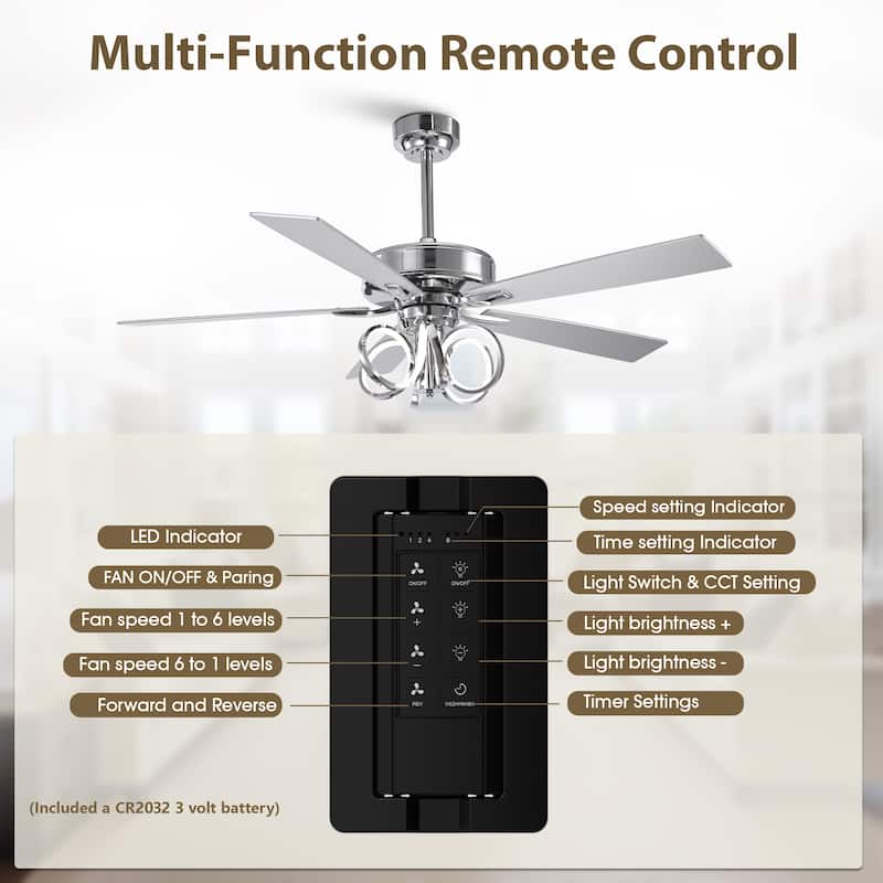 52-inch Modern Chrome Ceiling Fan with Dimmable LED Light and Reversible Motor - 52-inch W*19.3-inch H