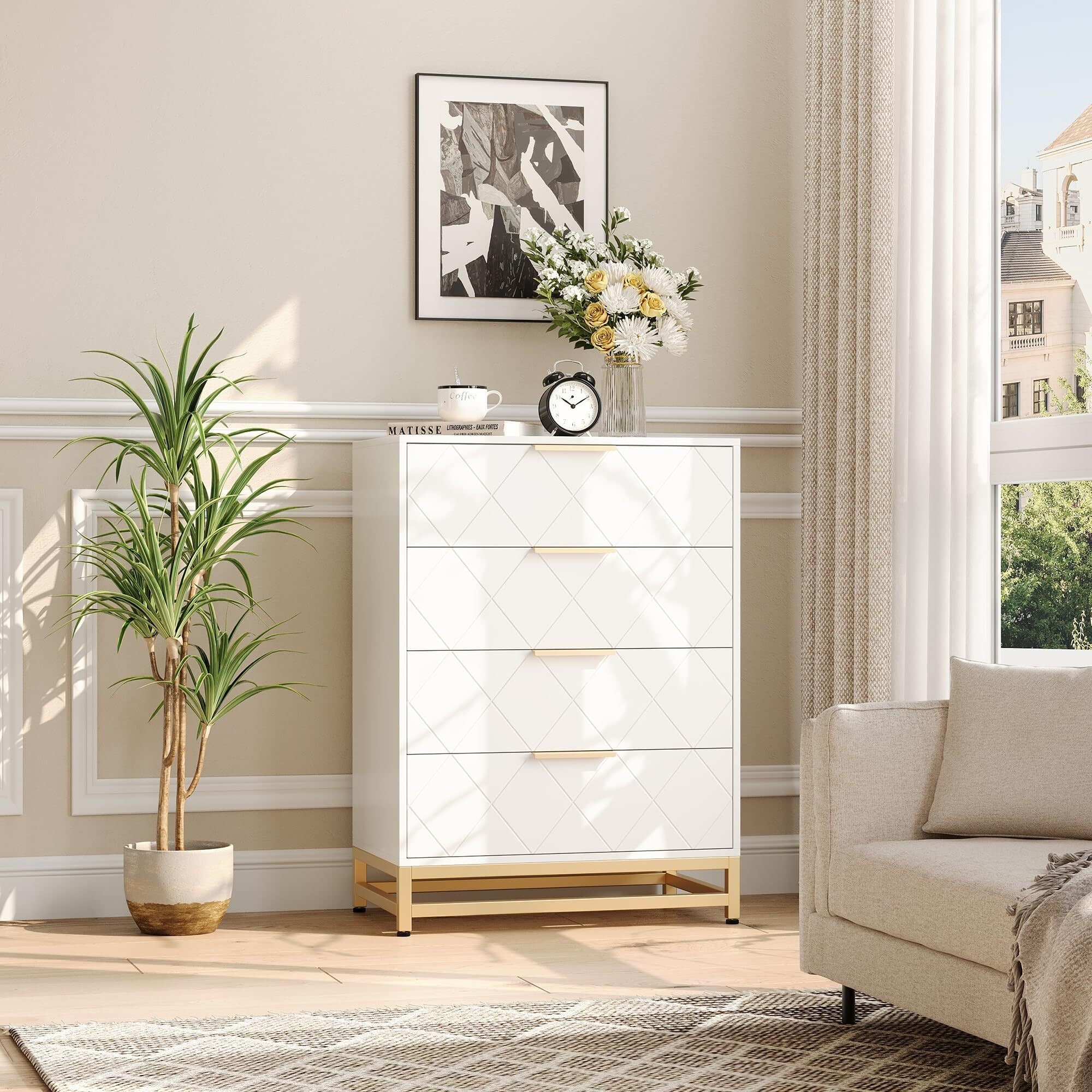 Chest of Drawers with 4 Drawers Sideboard Chest of Drawers for Living Room, Bedroom Chest of Drawers with Large Storage