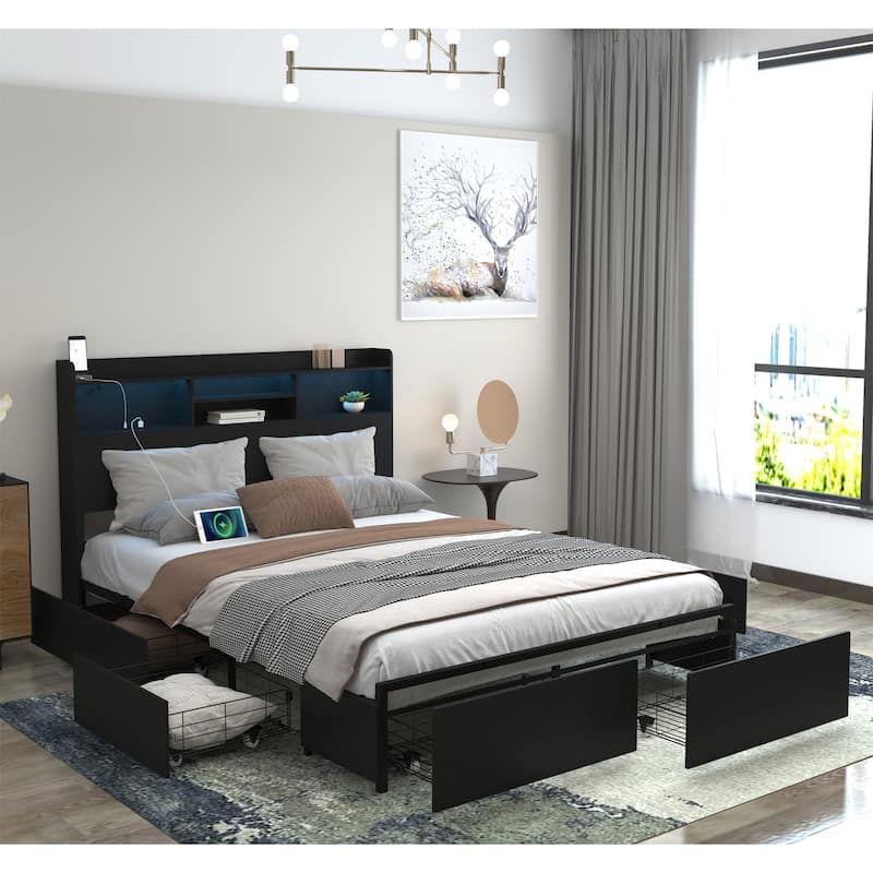 Queen Storage Bed Frame with 6 Drawers, Headboard, USB Charging, and LED Lights - Black