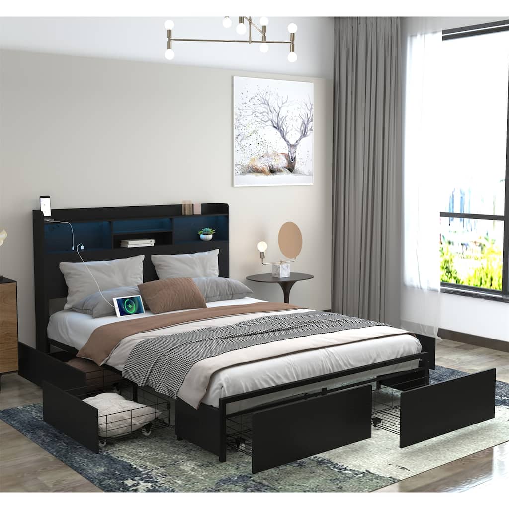 Queen Storage Bed Frame with 6 Drawers, Headboard, USB Charging, and LED Lights