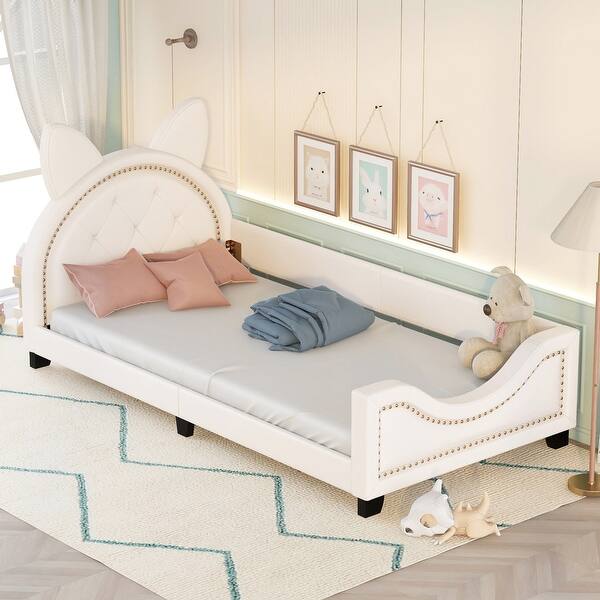 slide 2 of 11, Twin Size Upholstered Daybed with Playful Carton Ears Shaped Headboard, White - Sturdy Wooden Frame, Comfortable Padding White