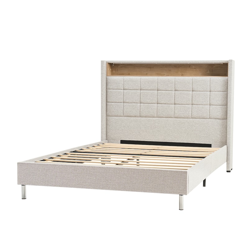 Celia Modern 61.5" Geometric Pattern Bed with Storage Headboard and Warm Night Light by HULALA HOME
