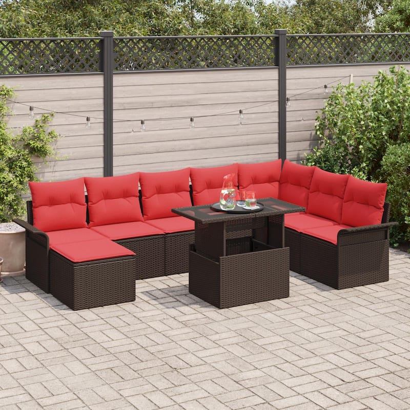 vidaXL 9 Garden Sofa Set with Cushions Black/Brown/Grey Poly Rattan - 117.1 x 73.8 x 27.2 - Brown