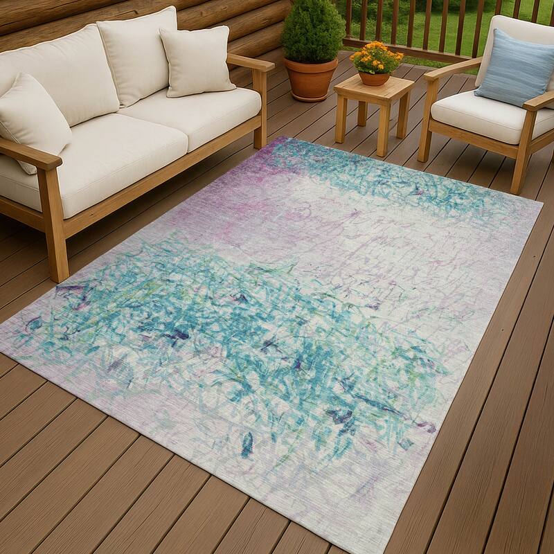 Machine Washable Indoor/ Outdoor Abstract Scribble Chantille Rug - Teal - 9' x 12'